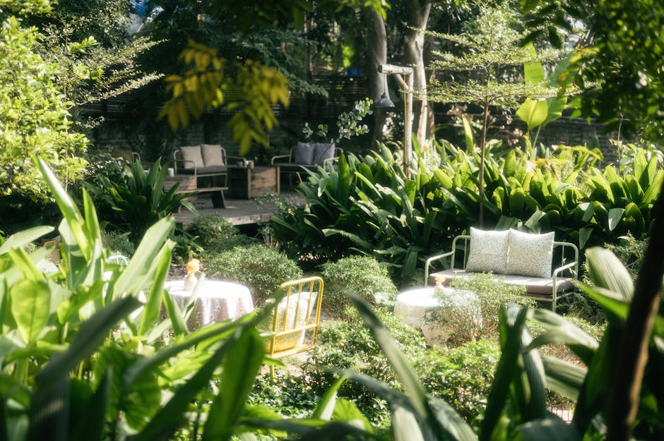 A lush, well-maintained garden features a variety of vibrant green foliage, including large-leafed plants, dense shrubs, and mature trees casting dappled sunlight across the area. In the foreground, l